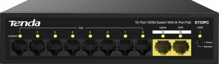 Tenda S110PC коммутатор неуправляемый настольный, 10 портов 10x100 Мбит/с, PoE 8х до 30 Вт