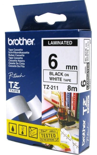 Brother <TZ(e)-211> ламинированная лента для печати этикеток (ширина 6мм, 8м, чёрный на белом)