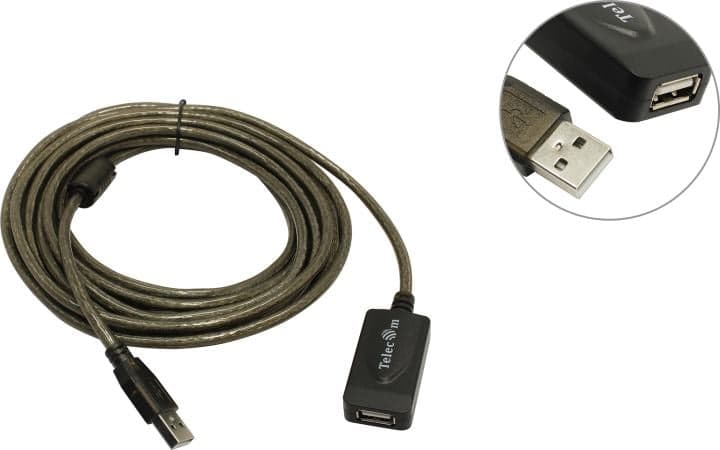 Telecom <TUS7049-5м> Кабель удлинительный активный USB 2.0-repeater A-->A 5м
