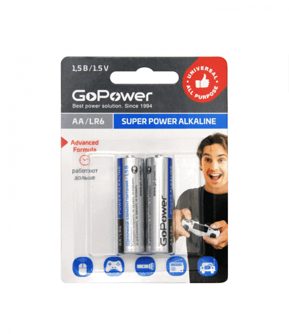 GoPower 00-00019861 Батарейка GoPower LR6 AA BL2 Alkaline 1.5V (2/24/480) блистер (2 шт.)