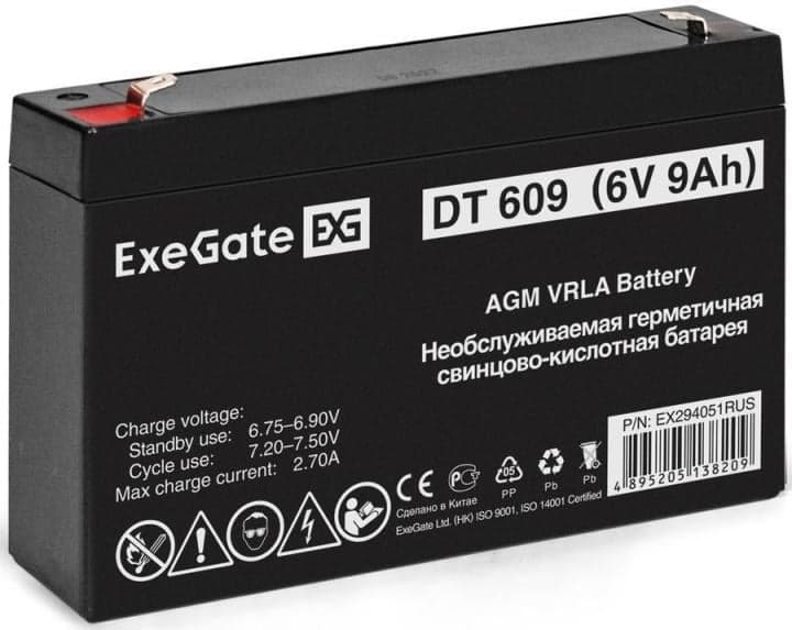 Аккумуляторная батарея ExeGate DT 609 (6V 9Ah, клеммы F1) EX294051RUS
