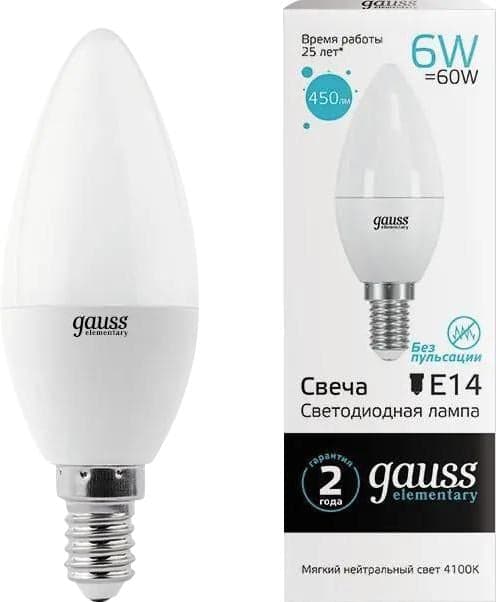 Лампа светодиодная Gauss Elementary 6Вт 4100K цок.:E14 свеча 220B св.свеч.бел.нейт. С35 (упак.:1шт)
