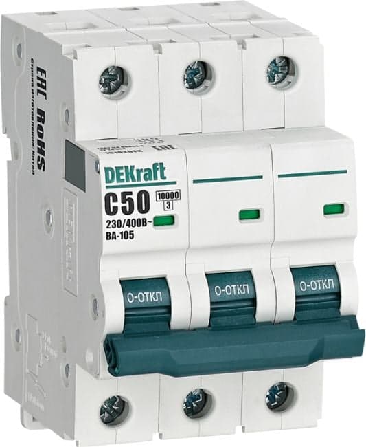 Автоматический выключатель DEKraft 13182DEK ВА-105 - 3P, тип хар-ки C, 50 А, 400 В AC, 10кА