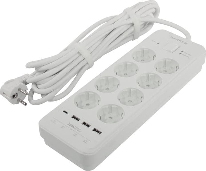 Удлинитель HARPER <UCH-650 White> <5м> (8 розеток + 3 USB + USB-C, 3A)