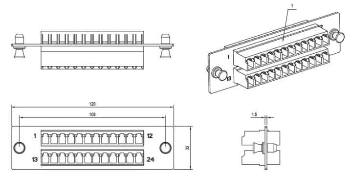 Hyperline FO-FPM-W120H32-24LC-BL Панель для FO-19BX с 24 LC адаптерами, 24 волокна, одномод OS1/OS2, 120x32 мм, адаптер