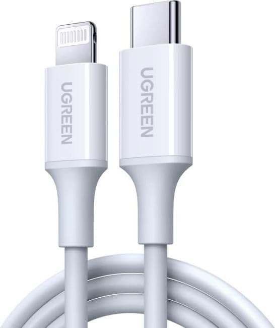 10493 UGREEN. Кабель USB C - Lightning, резиновое покрытие, цвет белый, 1 м