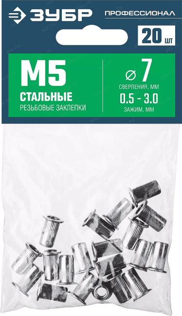 ЗУБР Профессионал <31318-05> Стальные резьбовые заклёпки (M4, 0.5-3мм, d=7мм, 20шт)