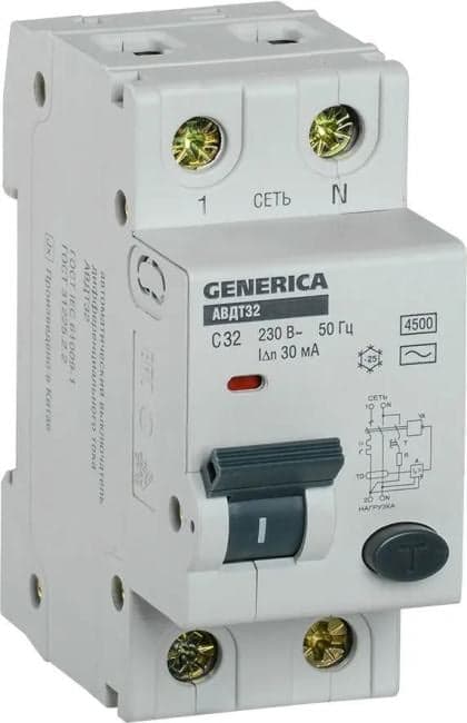 Выключатель автом. дифф. тока IEK MAD25-5-032-C-30 АВДТ 32 Generica 32A тип C 6kA 30мА AC 2П 230В 2мод серый (упак.:1шт