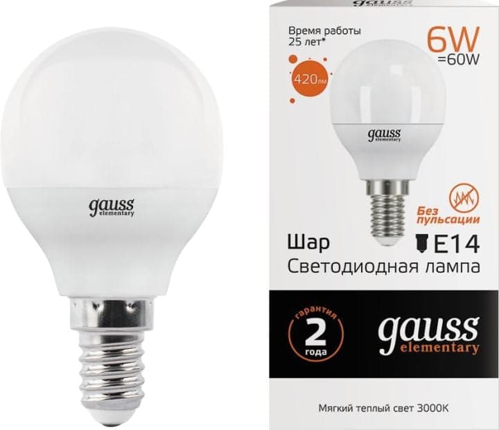 Gauss <53116> (E14, 420 люмен, 3000К, 6Вт, 180-240В)
