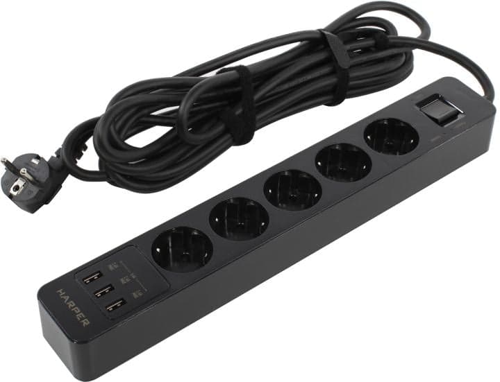 Удлинитель HARPER <UCH-550 Black> <5м> (5 розеток + 3 USB, 2.4A)