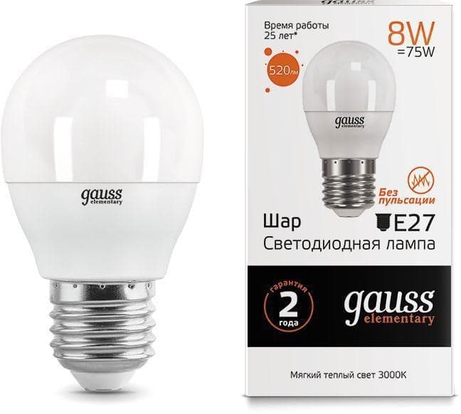 GAUSS 53218 Лампа светодиодная LED 8 Вт 520 Лм 3000К теплая Е27 Шар Elementary Gauss