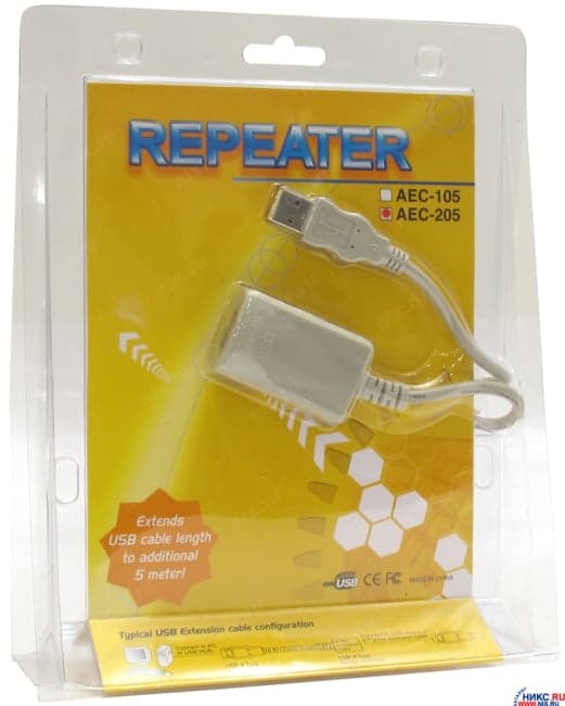 Кабель удлинительный активный USB 2.0-repeater <A-->A> 4.8м