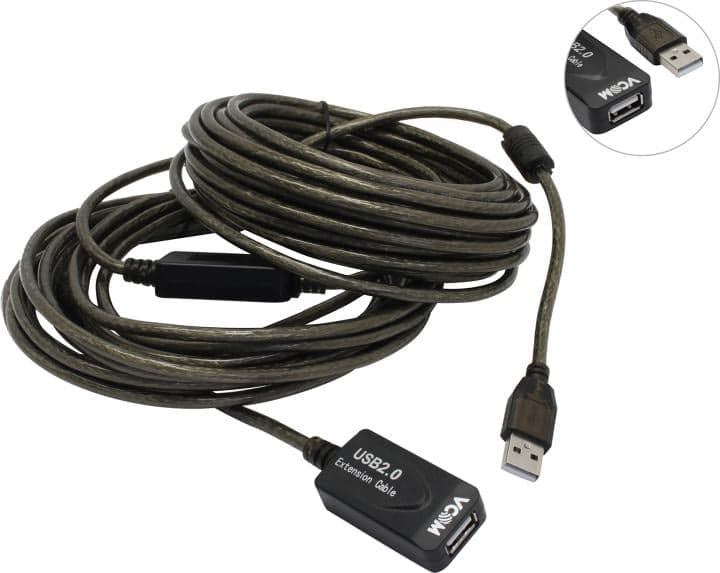 VCOM <VUS7049-15м> Кабель удлинительный активный USB 2.0-repeater A-->A 15м