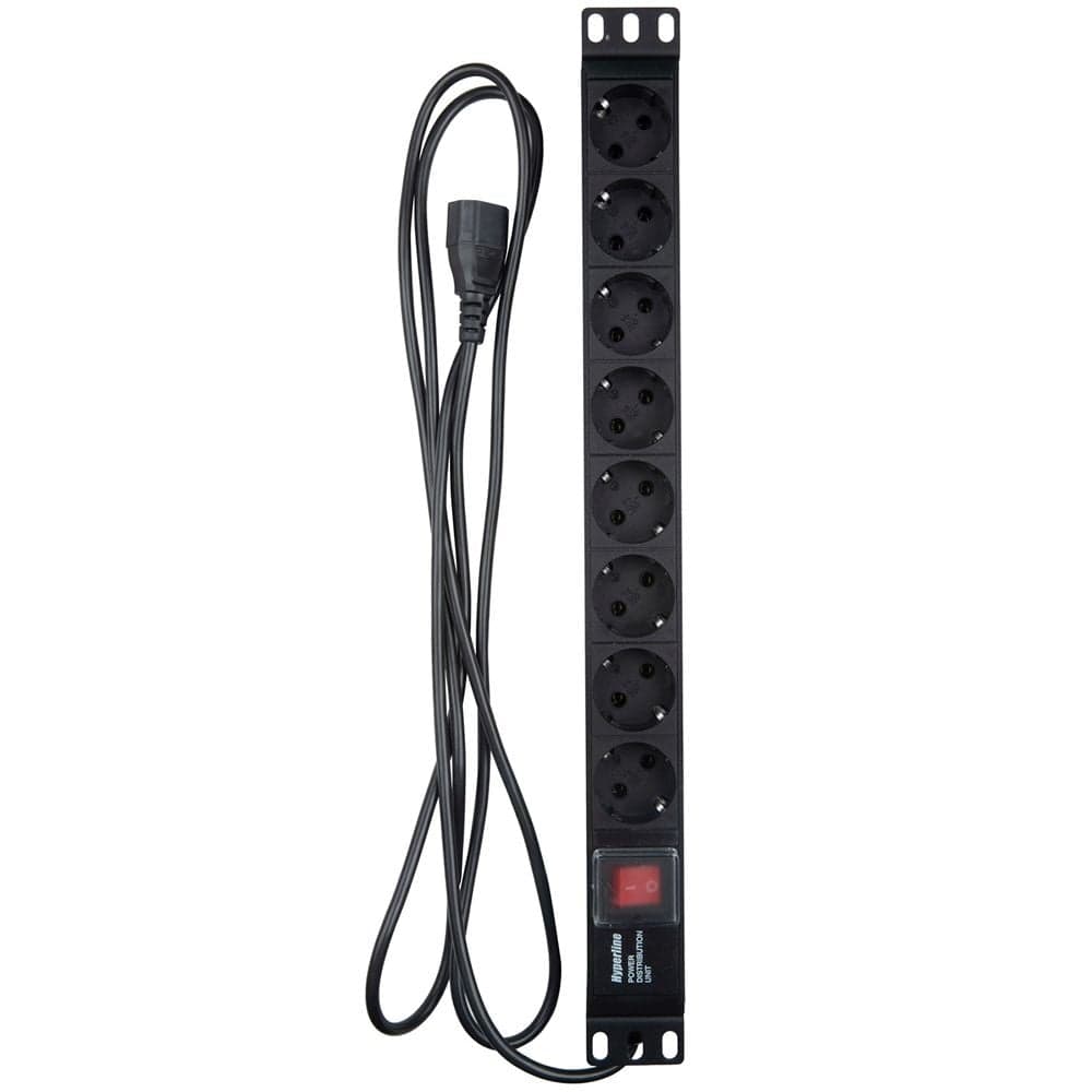 Блок розеток Hyperline SHE19-8SH-S-2.5IEC /PDU 19", горизонтальный, 8 розеток Schuko, выключатель с подсветкой, кабель питания 2.5м (3х1.0мм2) вилкой IEC 60320 C14, 10А, 230В, чёрный, 482.6x44.4x44.4мм
