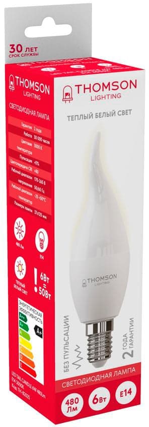 Лампа светодиодная Thomson TH-B2025 6Вт цок.:E14 свеча 220B св.свеч.бел.теп. Tail Candle (упак.:1шт)