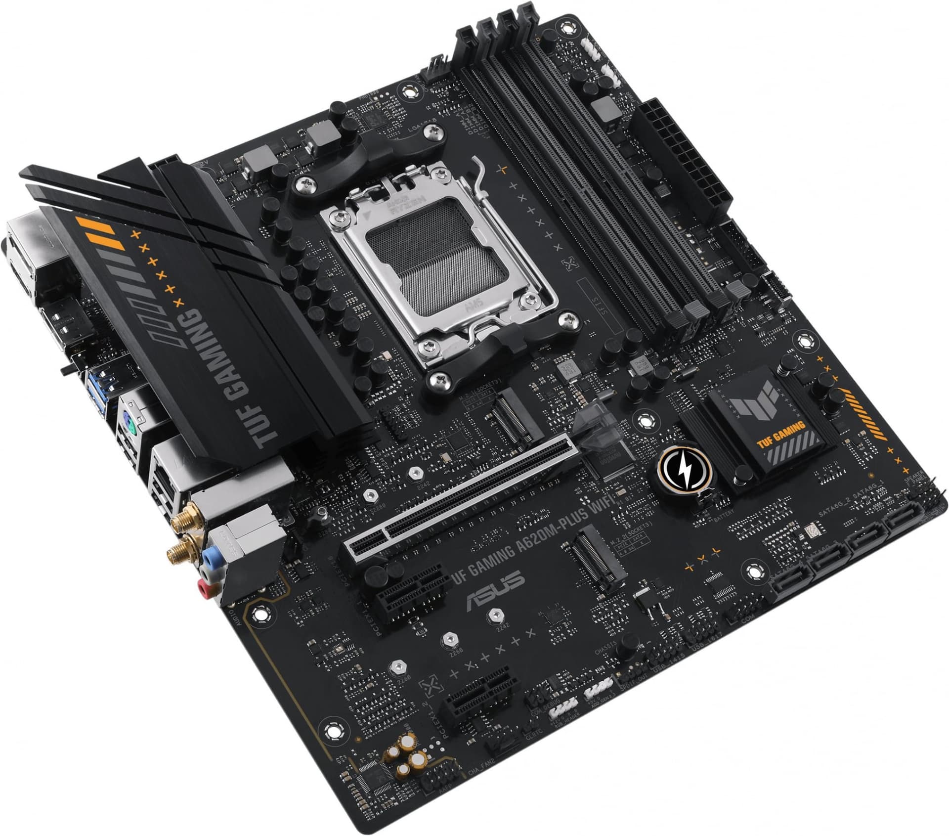 ASUS TUF GAMING A620M-PLUS WIFI (Socket AM5, mATX, 4xDDR5(128GB), 2xDP/HDMI 2.1, 1xPCIe 4.0x16/2xPCIe 3.0, 1xLAN (2.5GbE), Wi-Fi, BT, 4xSATA 6Gb/s, 2xM.2, 2xUSB 3.2, 4xUSB 2.0, 1xPS/2)