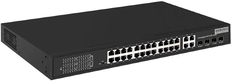Коммутатор/ OSNOVO PoE коммутатор 24 x 10/100 Base-T PoE, 4 x GE Combo Uplink RJ45/SFP, PoE на порт - до 30W, суммарно PoE до 385W