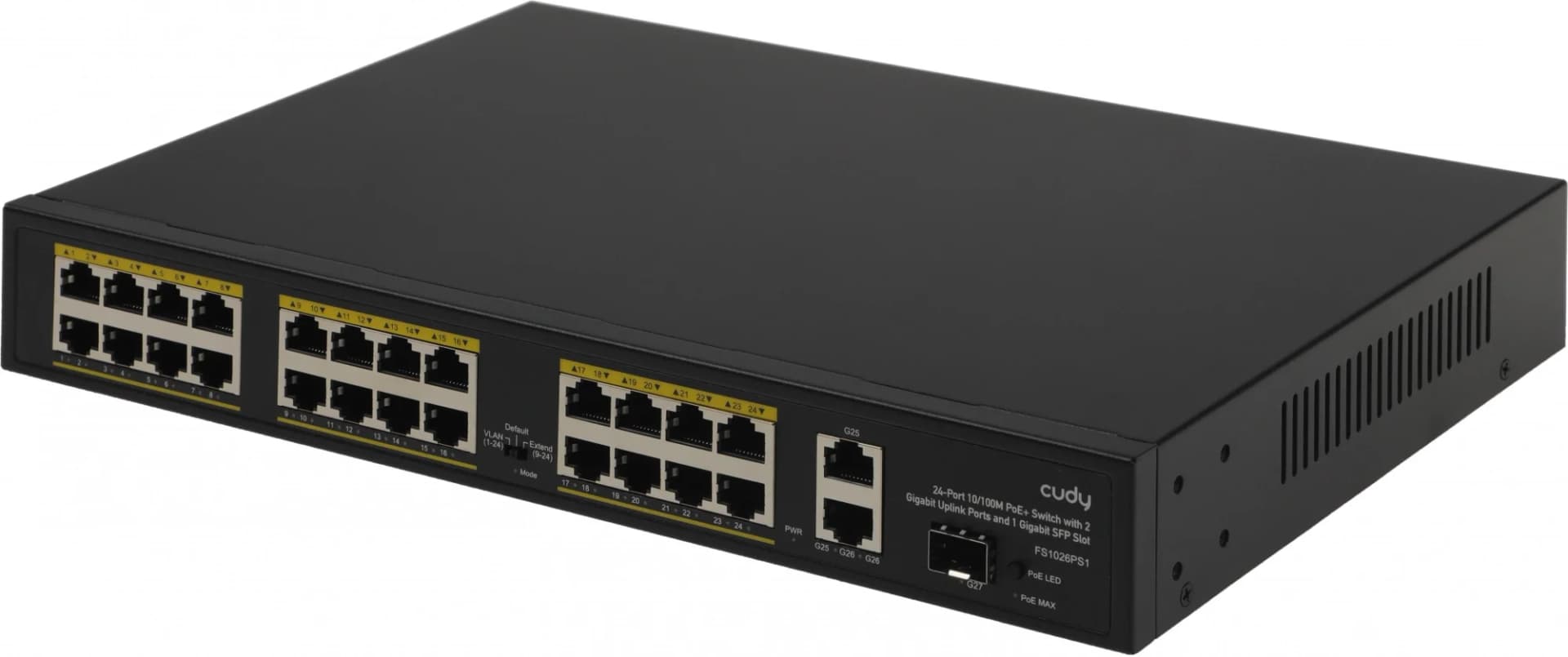 FS1026PS1 - Коммутатор Cudy FS1026PS1 (24xPoE 100Mbit RJ45 + 2x1Gbit RJ45 Uplink + 1x1Gbit SFP, Unmanaged, 300W)