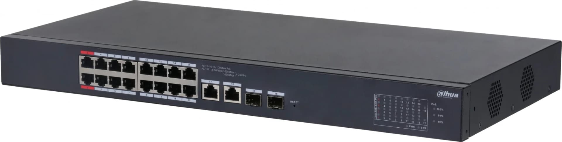 16-портовый PoE коммутатор с функцией облачного управления, Порты: 16 RJ45 10/100Мбит/с (PoE/PoE+/Hi-PoE) 2 комбинированных SFP/RJ45 10/100/1000Мбит/с (uplink); мощность PoE: порты 12 до 90Вт порты 316 до 30Вт суммарно до 190Вт; PoE watchdog передача до 25