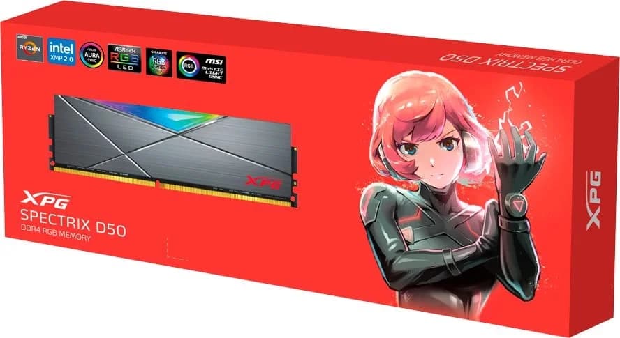 Оперативная память XPG Spectrix D50 RGB, DDR4, 16GB (1x16GB), 3200MHz, CL16, UDIMM, с радиатором, RGB, серый