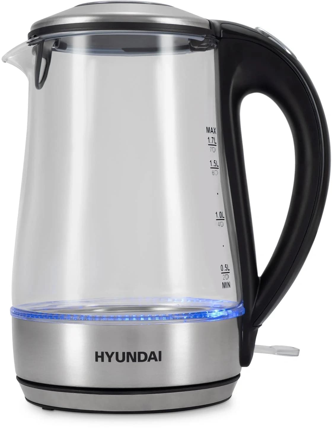 Чайник электрический Hyundai HYK-G8406 1.7 л, 2200 Вт, прозрачный/черный (корпус: нержавеющая сталь)