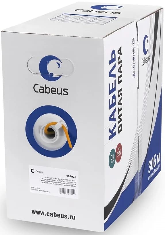 Кабель витая пара UTP (U/UTP), категория 6 Cabeus UTP-4P-Cat.6-SOLID-LSZH Кабель витая пара UTP (U/UTP), категория 6, 4 пары (23 AWG), LSZH, (305 м)