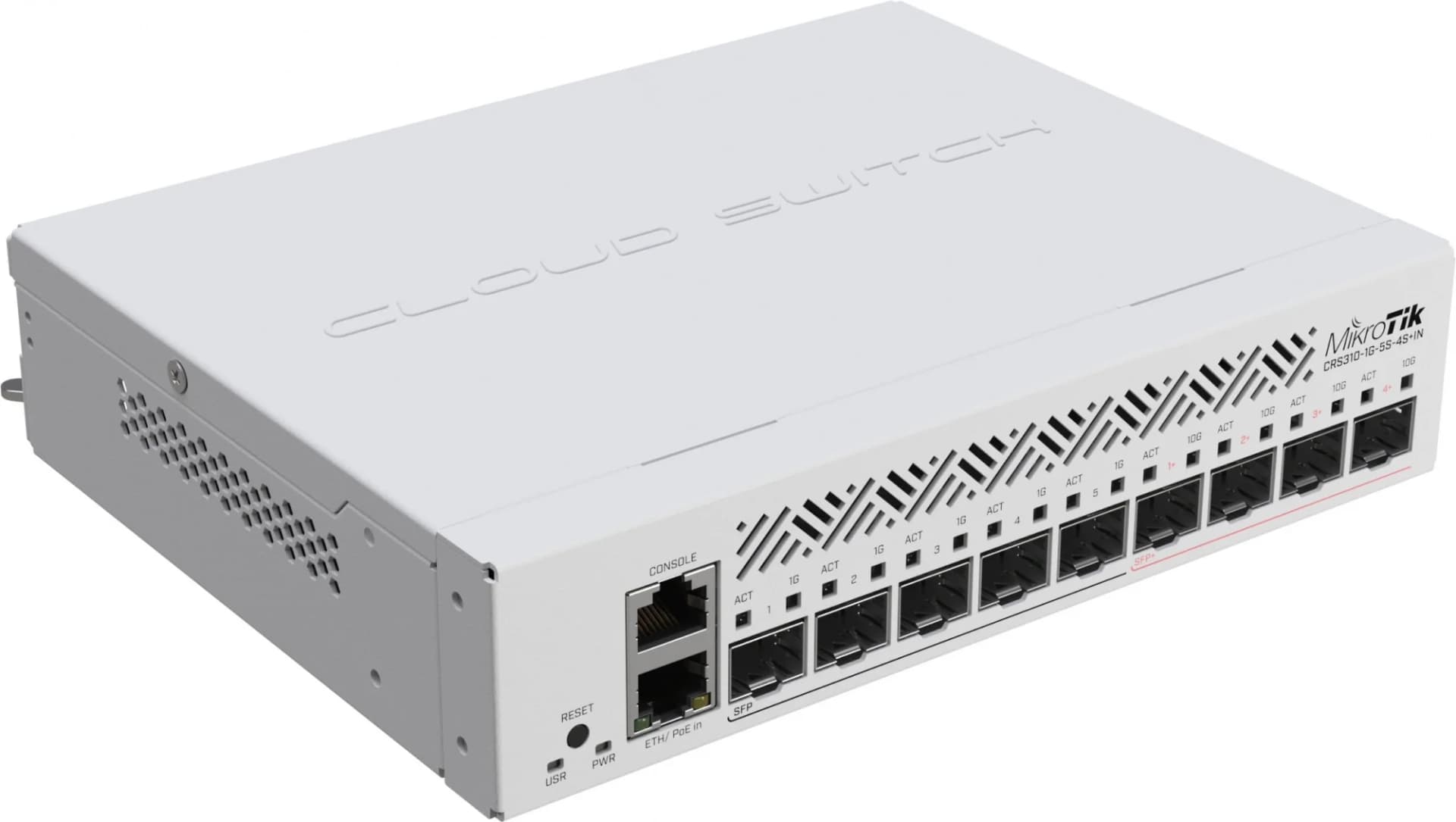 Коммутатор MikroTik Cloud Router Switch CRS310-1G-5S-4S+IN with 800 MHz CPU, 256 MB RAM, 4xSFP+, 5xSFP cages, 1xGBit LAN port, RouterOS L5, desktop case, rackmount ears, PSU