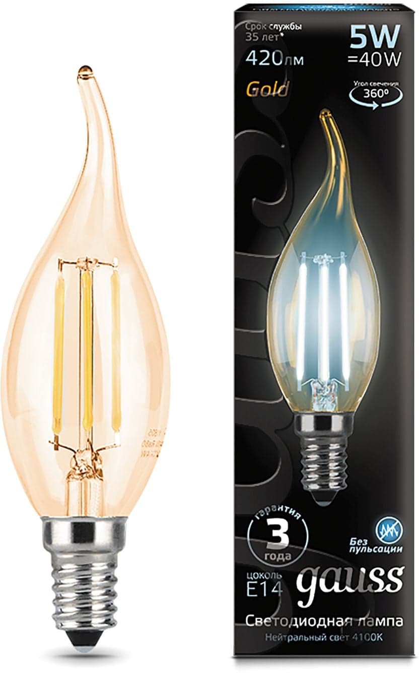 Лампа филам. Gauss Filament 5Вт цок.:E14 свеча 220B св.свеч.бел.нейт. (упак.:10шт)