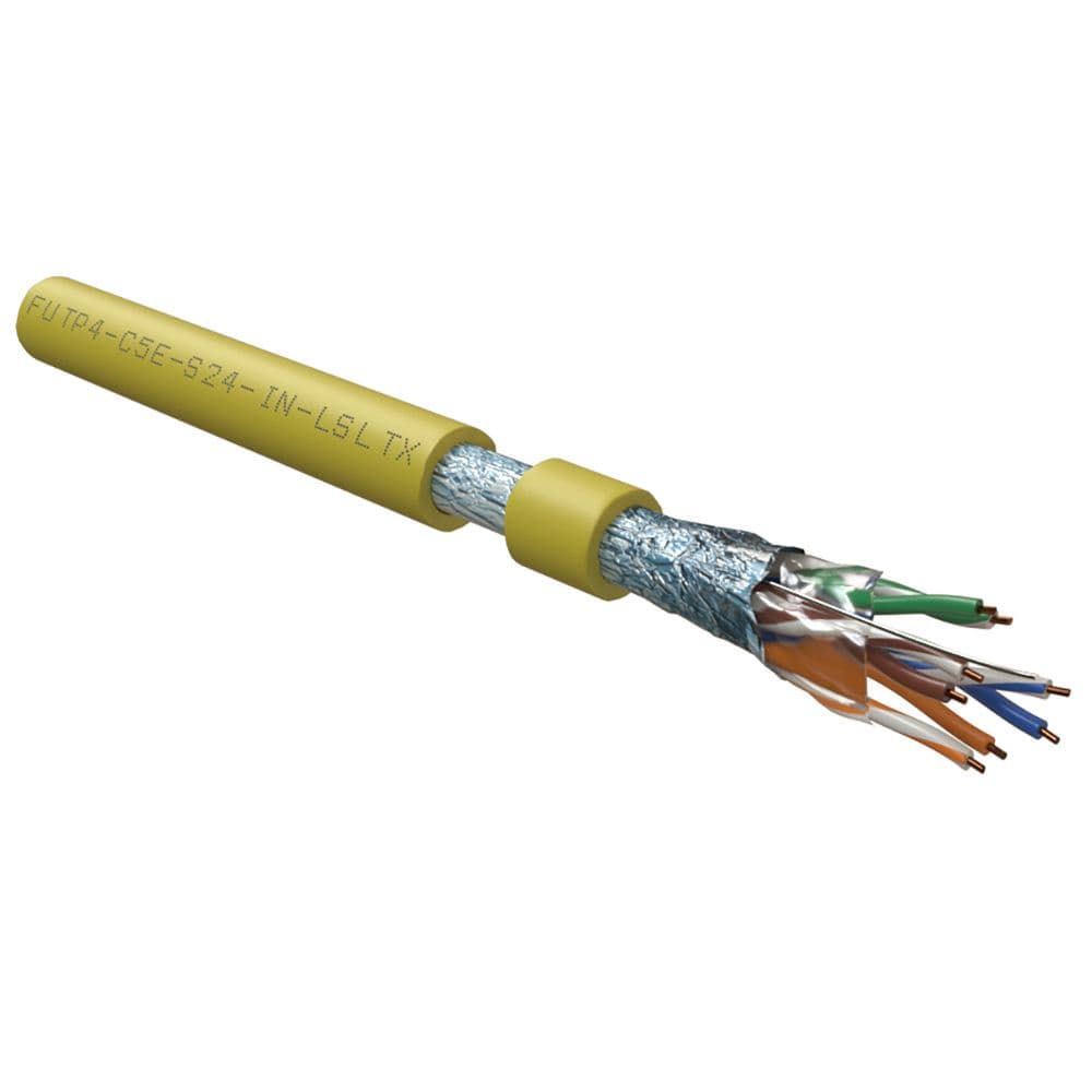 Кабель Hyperline FUTP4-C5E-S24-IN-LSLTX-YL-305 (305м) витая пара, экранированный F/UTP, общий экран фольга, категория 5e, 4 пары 24 AWG, 4х2х0,51 мм, однопроволочные
жилы, нг(А)-LSLTx, внутренний -20°C – +60°C, желтый,
системная гарантия 25 лет