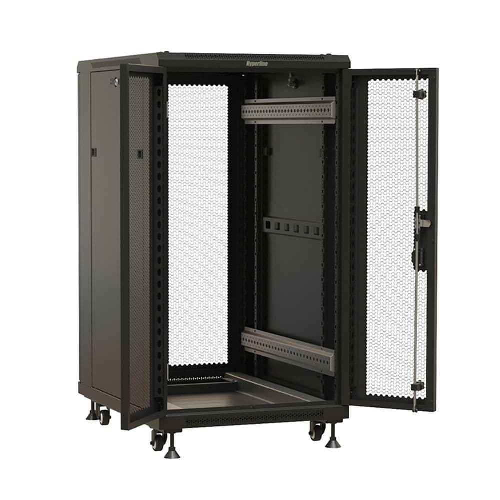 Шкаф Hyperline TTBR-2761-DD-RAL9004 напольный 27U 1388x600х1000 мм (ВхШхГ), передняя и задняя распашные перфорированные двери (75%), ручка с замком, крыша нового типа, цвет черный (RAL 9004) (разобранный)