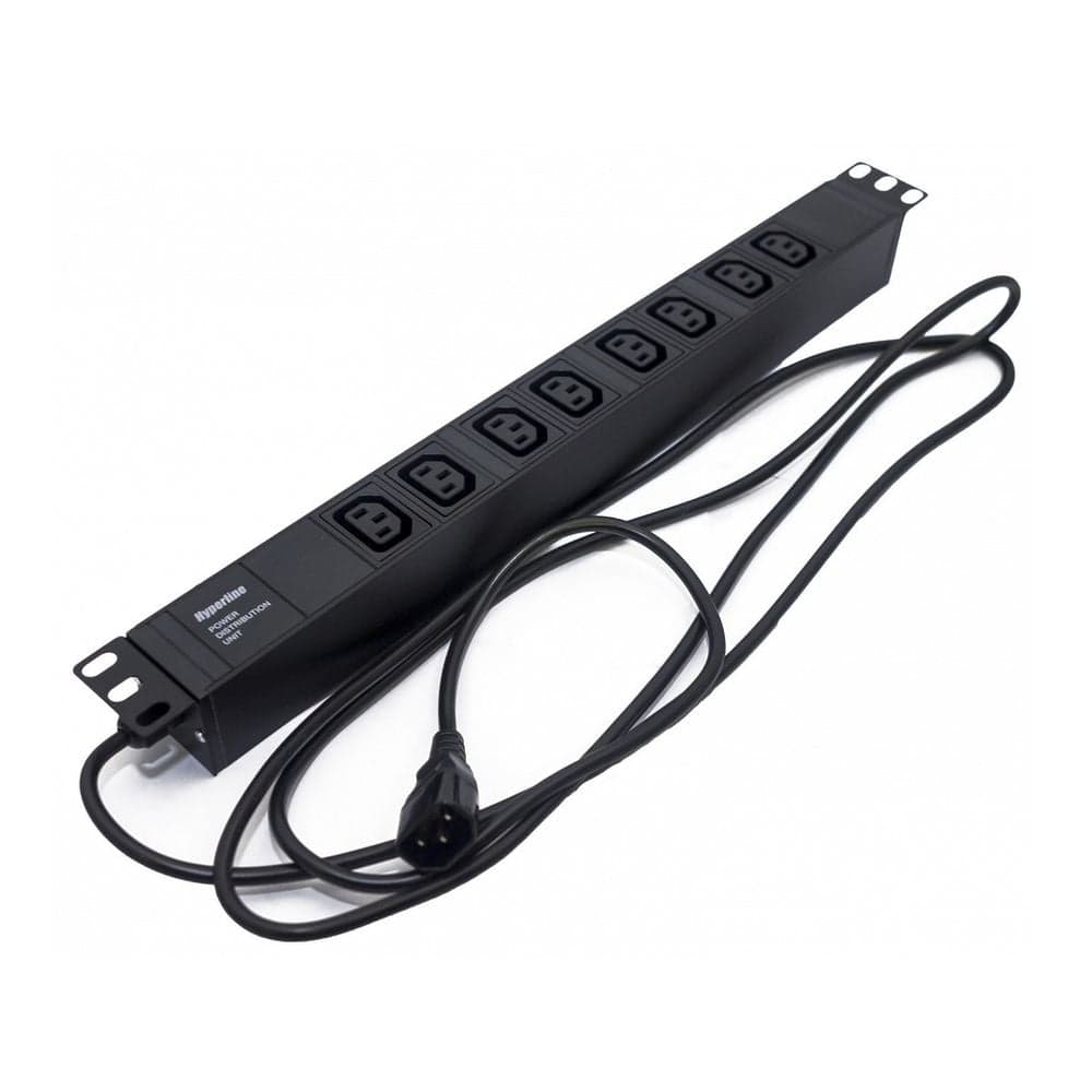 Сетевой фильтр Hyperline Hyperline SHE19-8IEC-2.5IEC Блок розеток для 19" шкафов, горизонтальный, 8 розеток IEC320 C13, кабель питания 2.5м (3х1.0мм2) с вилкой IEC320 C14 10A, 250В, 482.6x44.4x44.4мм (ШхГхВ), корпус алюминий, черный