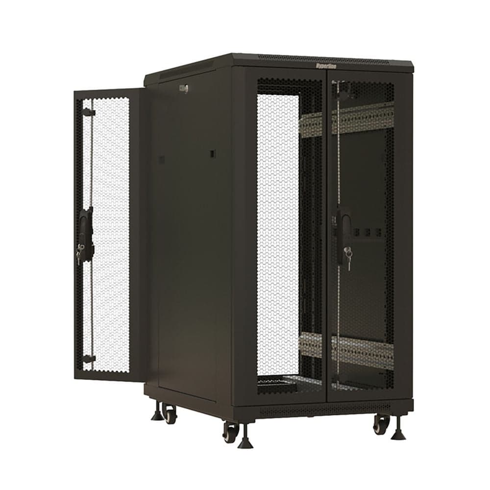 Шкаф Hyperline TTBR-2261-DD-RAL9004 напольный 22U 1166x600х1000 мм (ВхШхГ), передняя и задняя распашные перфорированные двери (75%), ручка с замком, крыша нового типа, цвет черный (RAL 9004) (разобранный)