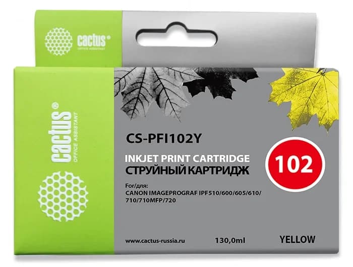 -/ Картридж струйный Cactus CS-PFI102Y желтый (130мл) для Canon IP iPF500/iPF600/iPF700/MFP M40/iPF765/