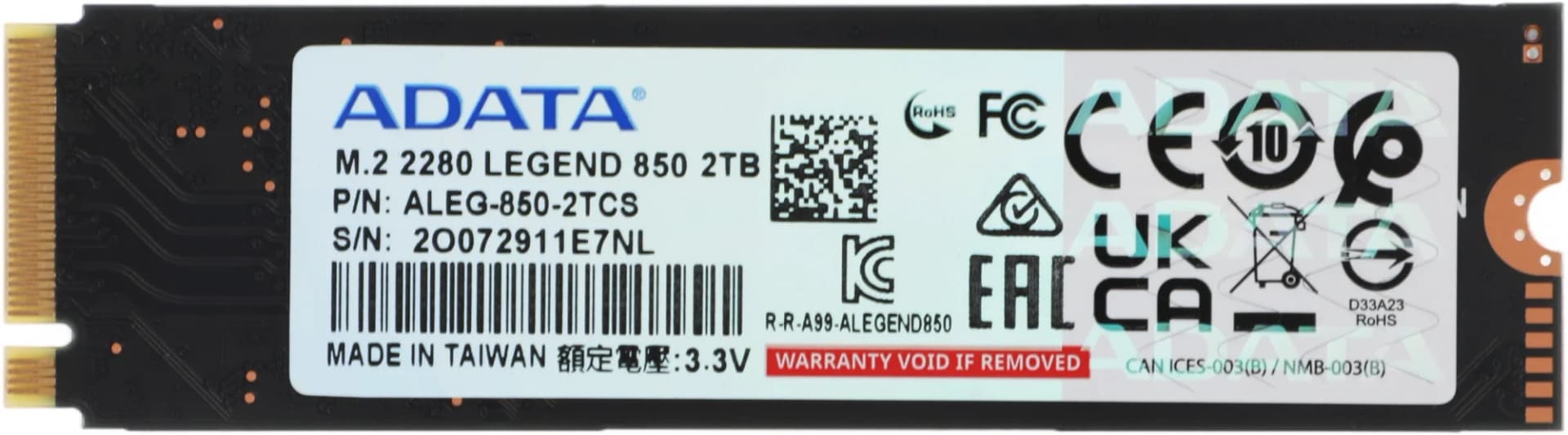 Накопитель SSD ADATA LEGEND 850, 2Tb, PCIe 4.0 x4, M.2 2280, NVMe, R/W 5000/4500, с радиатором