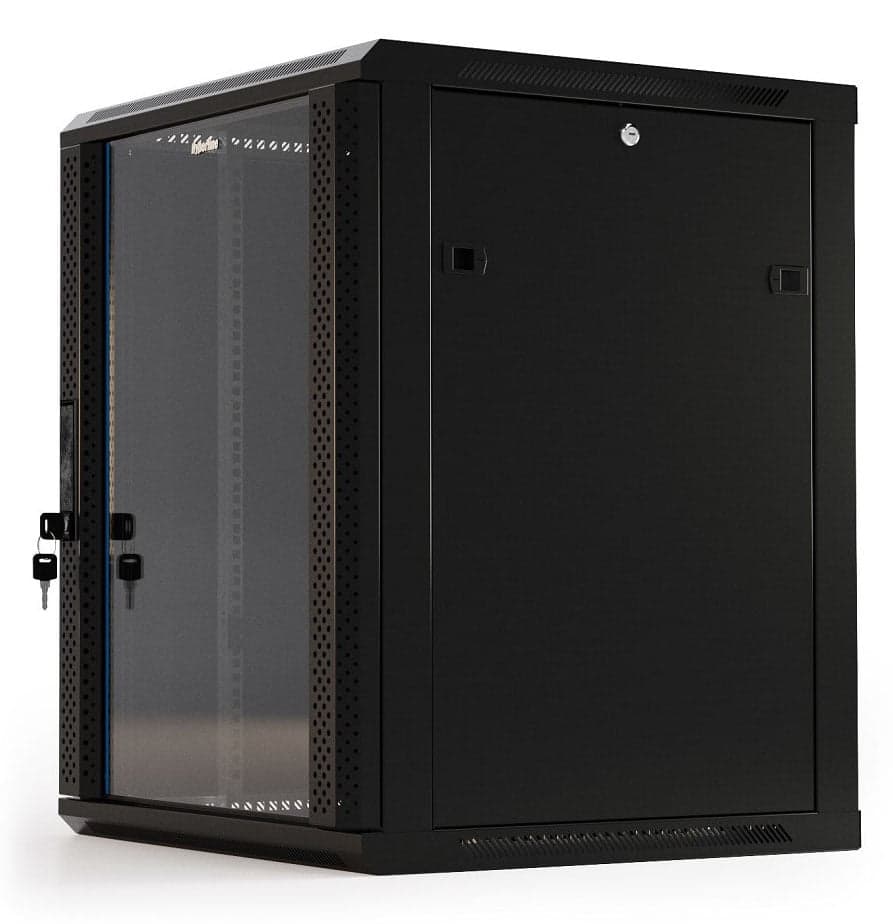Hyperline TWB-0666-GP-RAL9004 Шкаф настенный 19-дюймовый (19"), 6U, 367x 600х 600мм, стеклянная дверь с перфорацией по бокам, ручка с замком, цвет черный (RAL 9004) (разобранный)