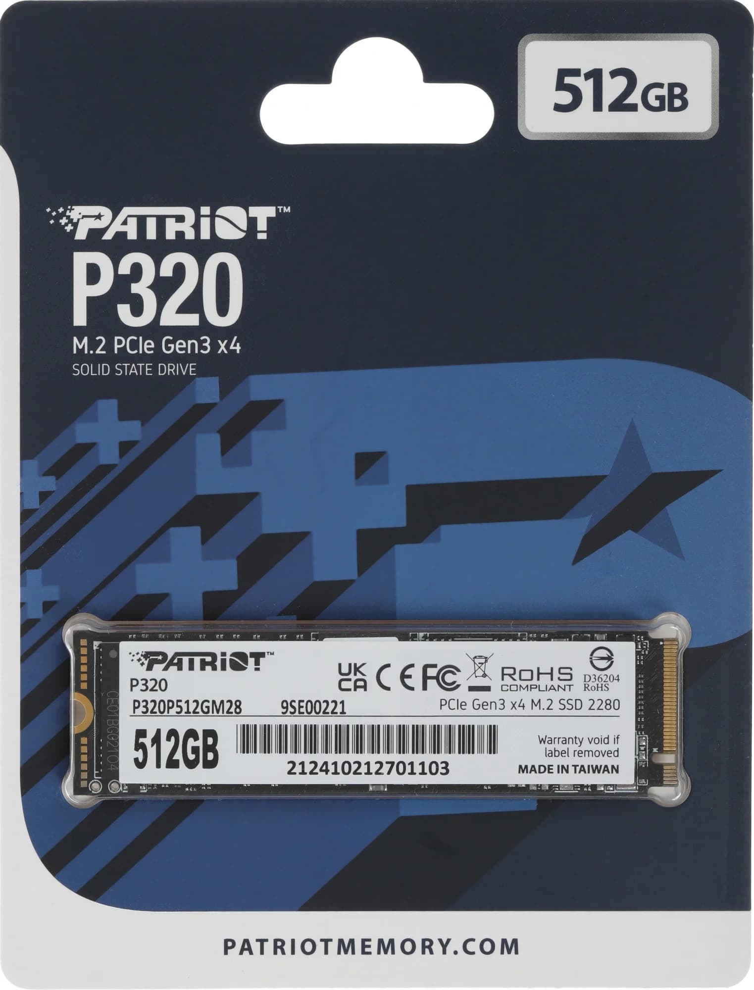 Твёрдотельный накопитель M.2 Patriot SSD P320 512GB M.2 2280 NVMe PCIe 3.0 x4 R3000/W2200 TBW 240TB 3D NAND