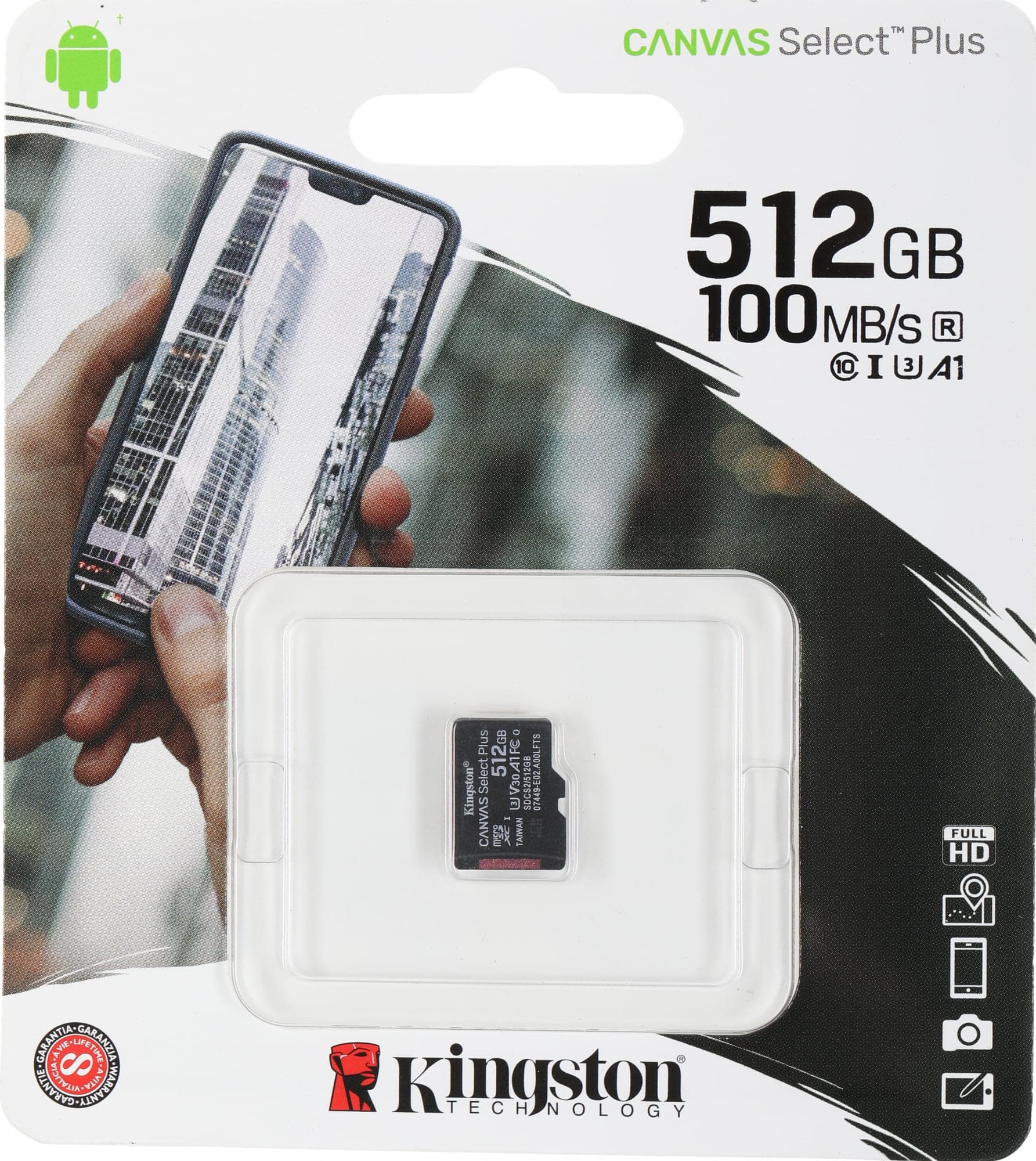 Micro SecureDigital 512Gb Kingston Class 10 UHS-I U3 Canvas Select Plus SDCS2/512GBSP w/o adapter