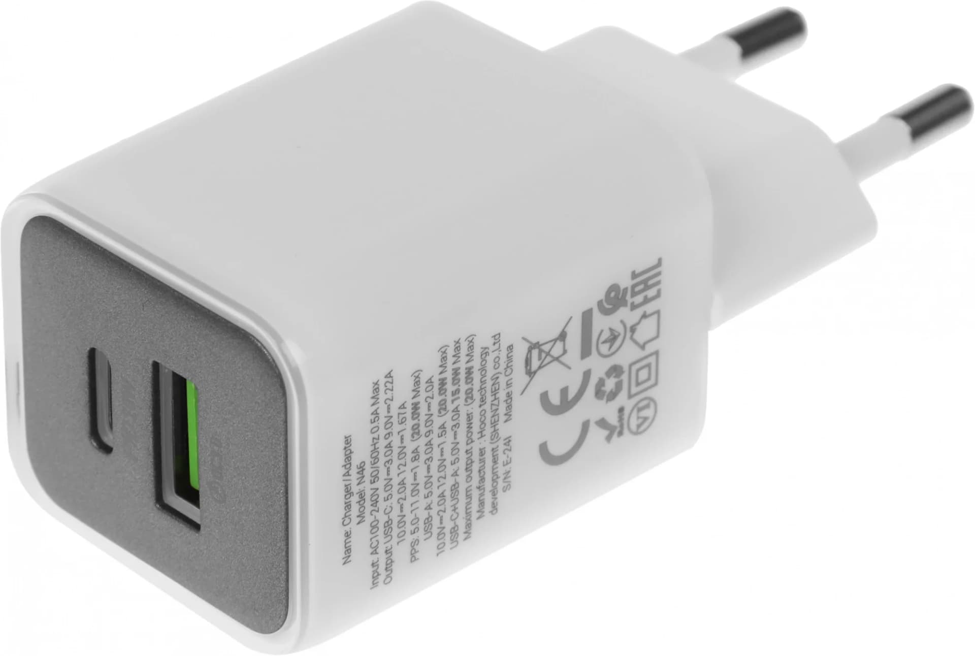 Сетевое зар./устр. Hoco N46 Glorious 20W 3A (PD+QC+AFC) USB-A/Type-C универсальное белый