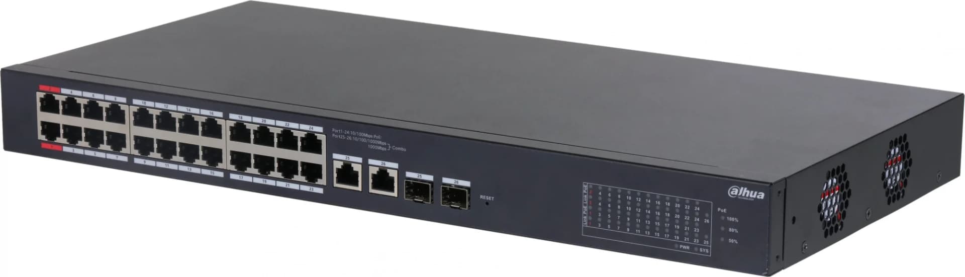 24-портовый PoE коммутатор с функцией облачного управления, Порты: 24 RJ45 10/100Мбит/с (PoE/PoE+/Hi-PoE), 2 комбинированных SFP/RJ45 10/100/1000Мбит/с (uplink); мощность PoE: порты 1-2 до 90Вт, порты 3-24 до 30Вт, суммарно до 375Вт; PoE watchdog, передача