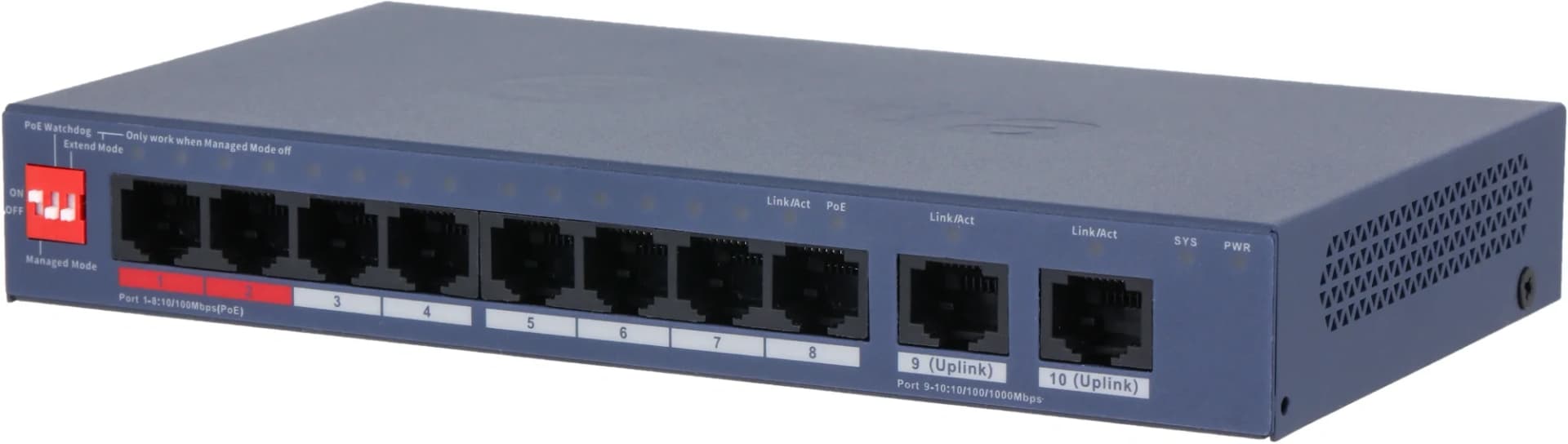 8-портовый PoE коммутатор с функцией облачного управления, Порты: 8 RJ45 10/100Мбит/с (PoE/PoE+/Hi-PoE/IEEE 802.3bt), 2 RJ45 10/100/1000Мбит/с (uplink); мощность PoE: порты 1-2 до 90Вт, порты 3-8 до 30Вт, суммарно до 110Вт; PoE watchdog, передача до 250м;