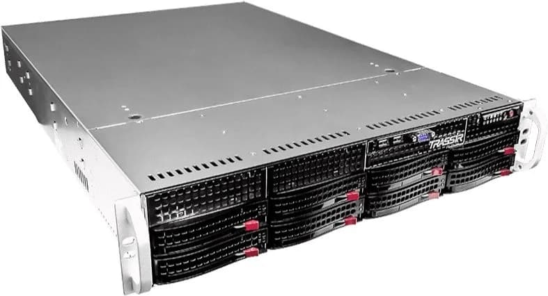 TRASSIR NeuroStation до 128 IP-видеокамер, битрейт до 720 Мбит/сек, формат сжатия Н.265+, Н.265, Н.264, MPEG4 или MJPEG. 2 х Ethernet 10/100/1000 Мбит/с, 3видеовыхода, до 8-ми HDD 3.5"
