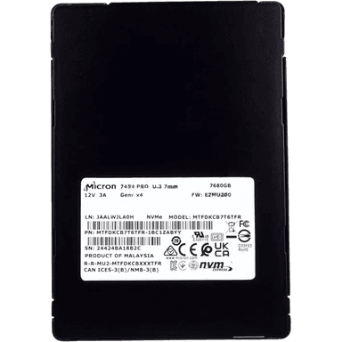 Твердотельный накопитель/ Micron SSD 7450 PRO, 7680GB, U.3(2.5" 7mm), NVMe, PCIe 4.0 x4, 3D TLC, R/W 6800/5600MB/s, IOPs 1 000 000/215 000, TBW 14000, DWPD 1 (12 мес.)