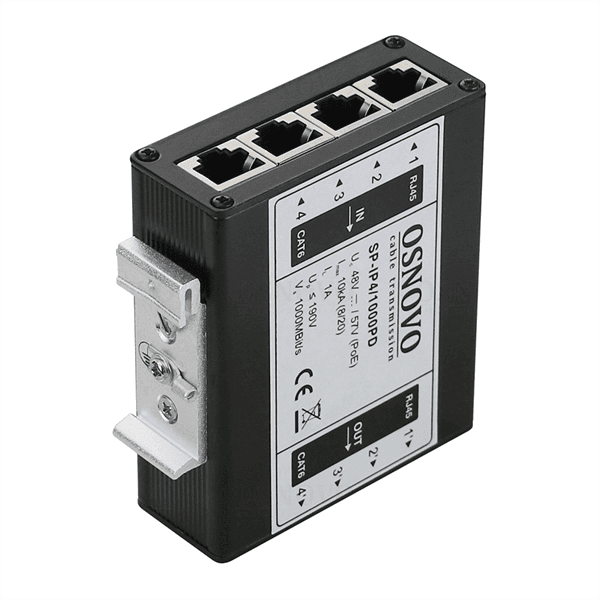 Устройство грозозащиты OSNOVO SP-IP4/1000PD Устройство грозозащиты для локальной вычислительной сети на 4 порта (скорость до 1000 Мбит/с) с защитой линий PoE (802.3 af/at/bt, методы A + B, контакты 1/2, 3/6, 4/5, 7/8) Двухс