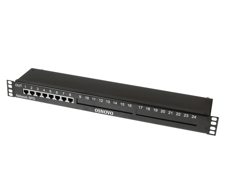 Устройство грозозащиты OSNOVO SP-IP8/1000PR 1U устройство грозозащиты для локальной вычислительной сети на 8 портов (скорость до 1000 Мб/с) с защитой линий PoE (af/at, методы A + B, контакты 1/2, 3/6, 4/5, 7/8). Двухступенч