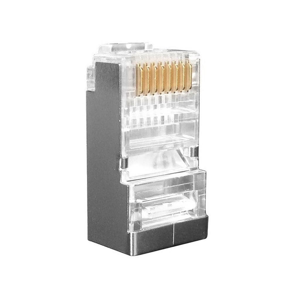 Разъем Hyperline RJ-45(8P8C) под витую пару, категория 6 (50 µ"/ 50 микродюймов), экранированный, универсальный (для одножильного и многожильного кабеля), со вставкой (100 шт)