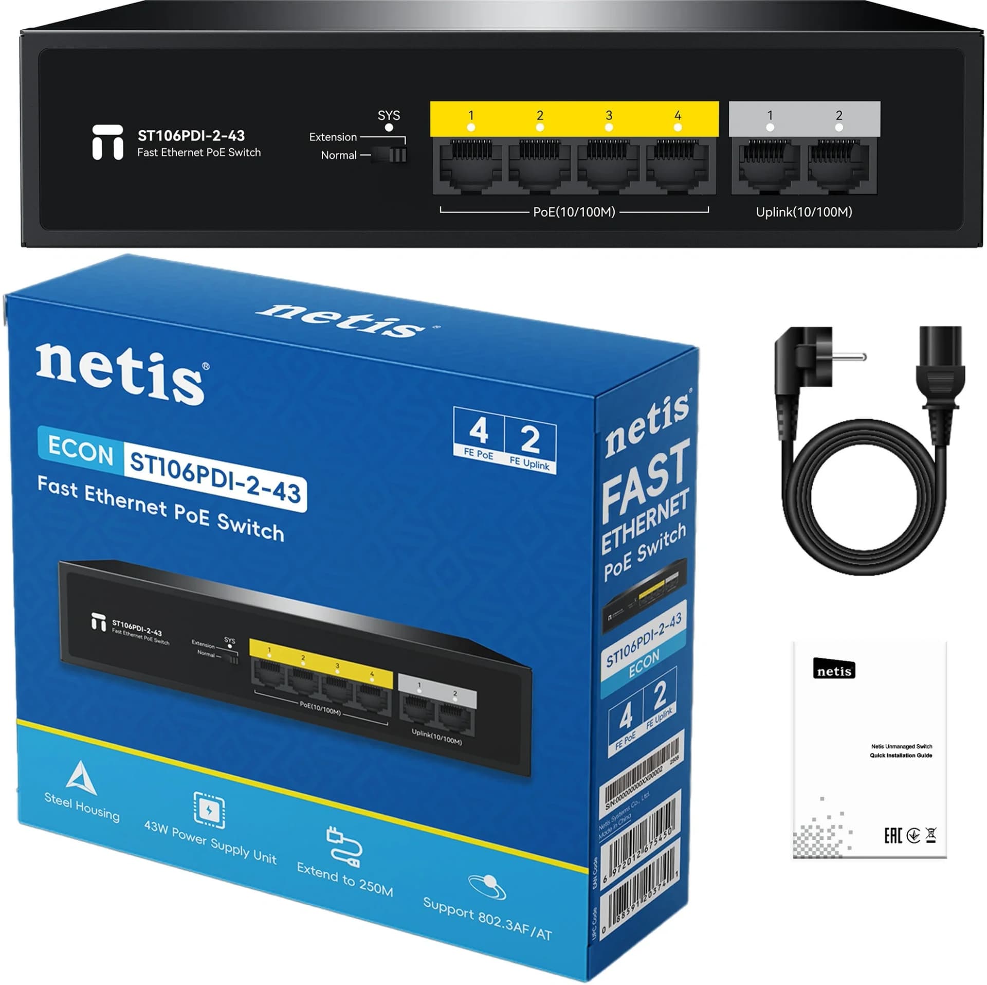 Коммутатор Netis ST106PDI-2-43 (L2) 6x100Мбит/с 4PoE 43W неуправляемый