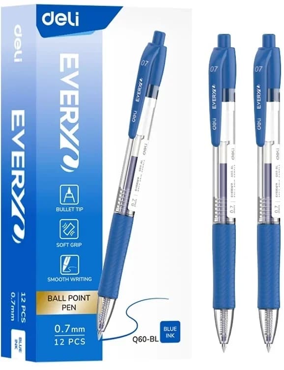 Ручка шариков. автоматическая Deli EveryU EQ60-BL прозрачный/синий d=0.7мм син. черн. 1стерж. пулевидный пиш. наконечник кругл. резин. манжета