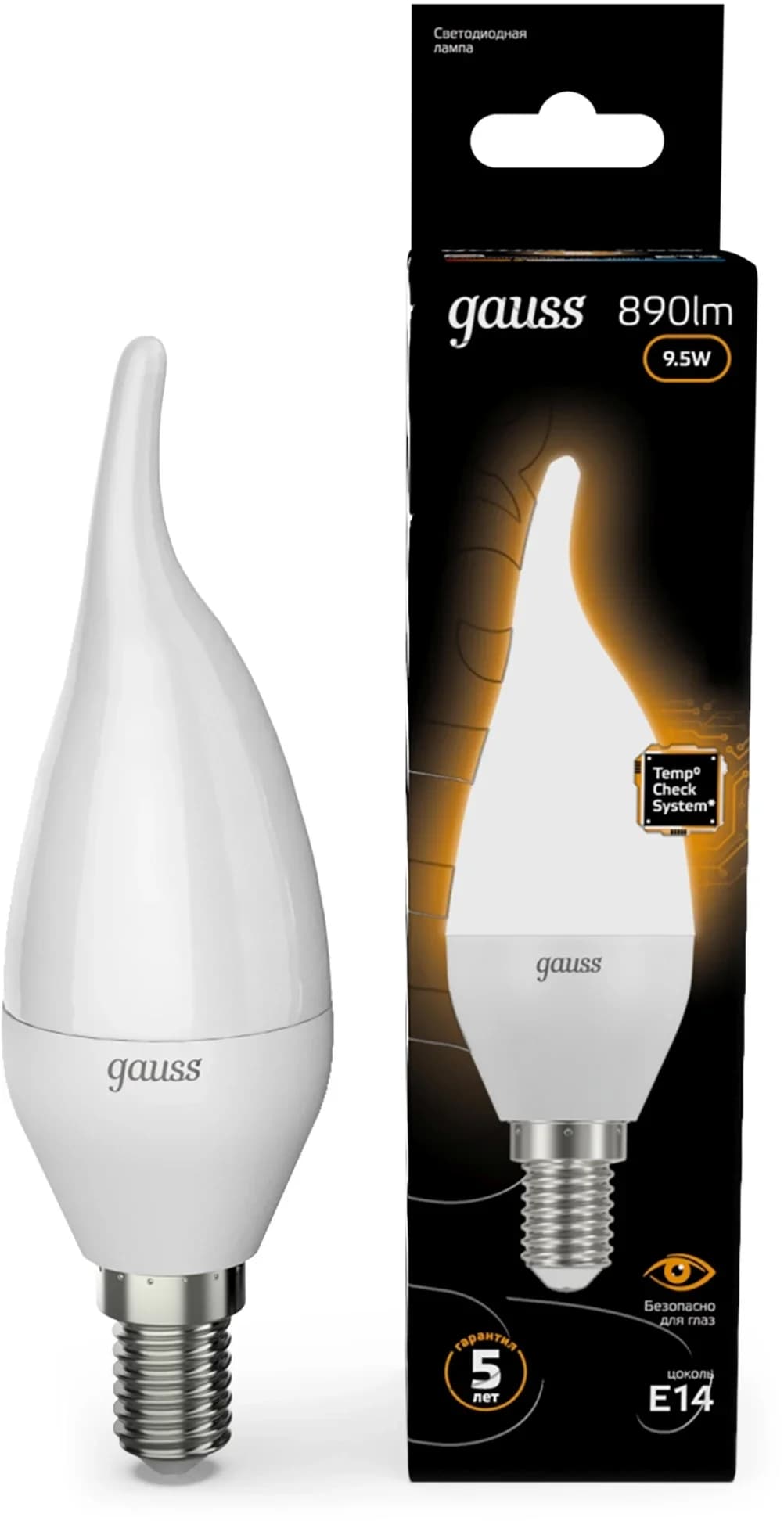 Лампа светодиодная Gauss 9.5Вт цок.:E14 свеча 220B св.свеч.бел.теп. (упак.:10шт)