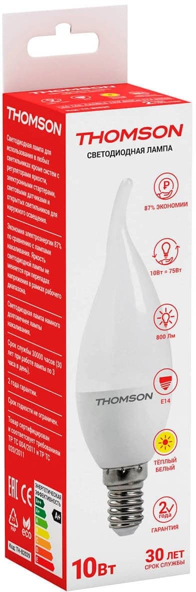 Лампа светодиодная Thomson TH-B2029 10Вт цок.:E14 свеча 220B св.свеч.бел.теп. Tail Candle (упак.:1шт)