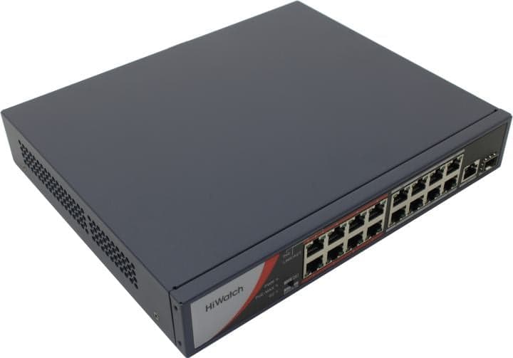 HiWatch <DS-S1816P(B)> Неуправляемый коммутатор (16UTP 100Mbps PoE + 1UTP 1000Mbps + 1SFP)